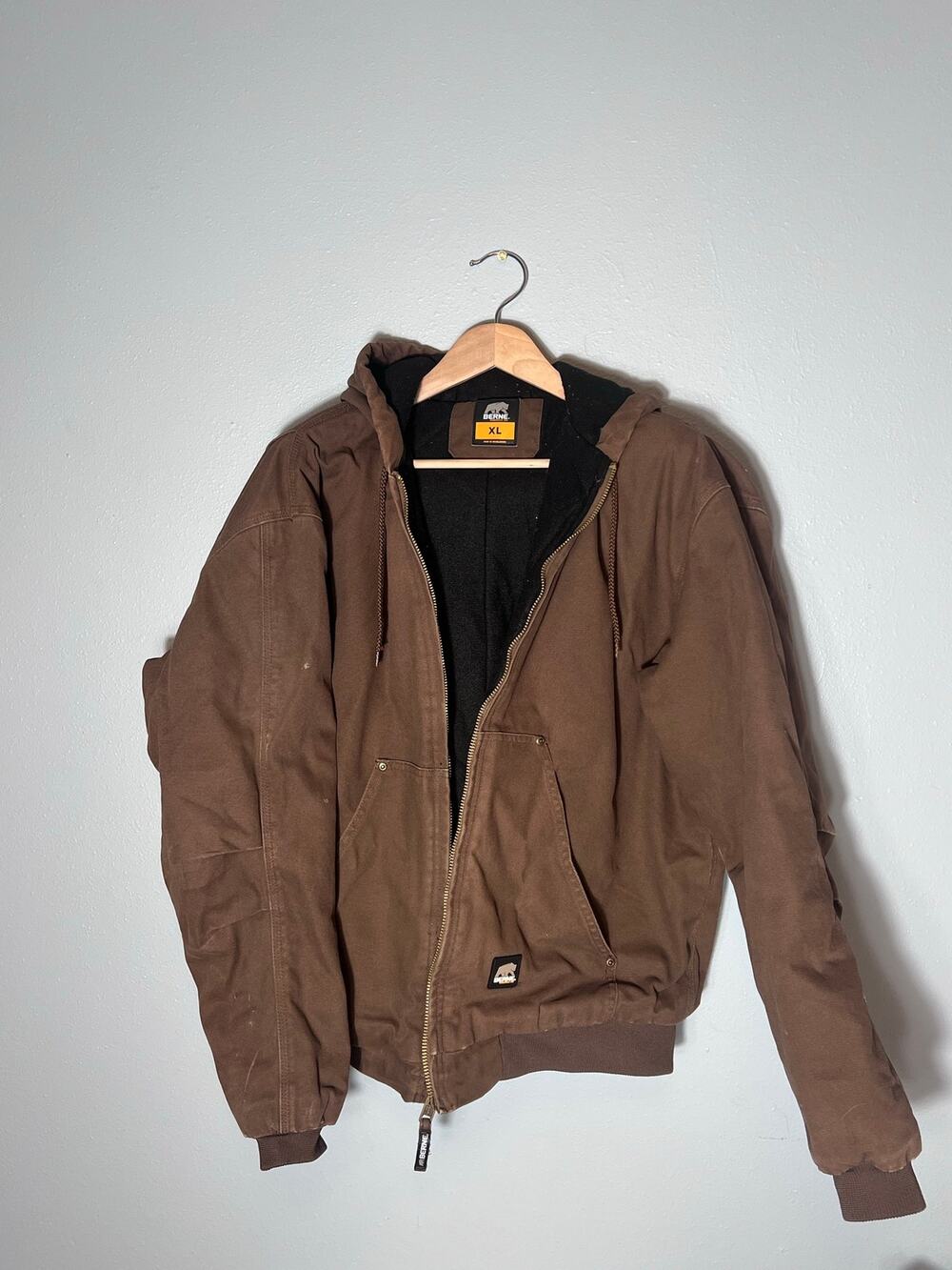 Berne Mens XL Insulated Workwear Coat Jacket Duck Canvas Brown Chore Wear Hood